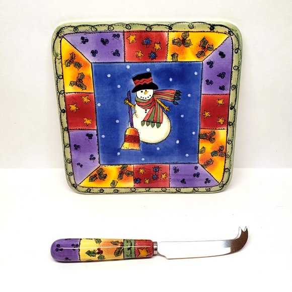 Sango Sweet Shoppe Christmas Cheese Tray Plate Knife Set Sue Zipkin Snowman Box - Picture 2 of 7
